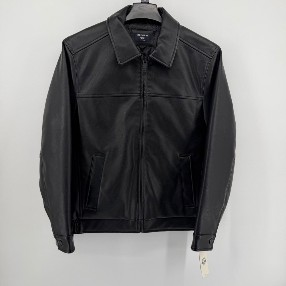 Dockers Faux Leather Bomber Mens L Black DM5JU507 Zip Up Quilted Lined Jacket